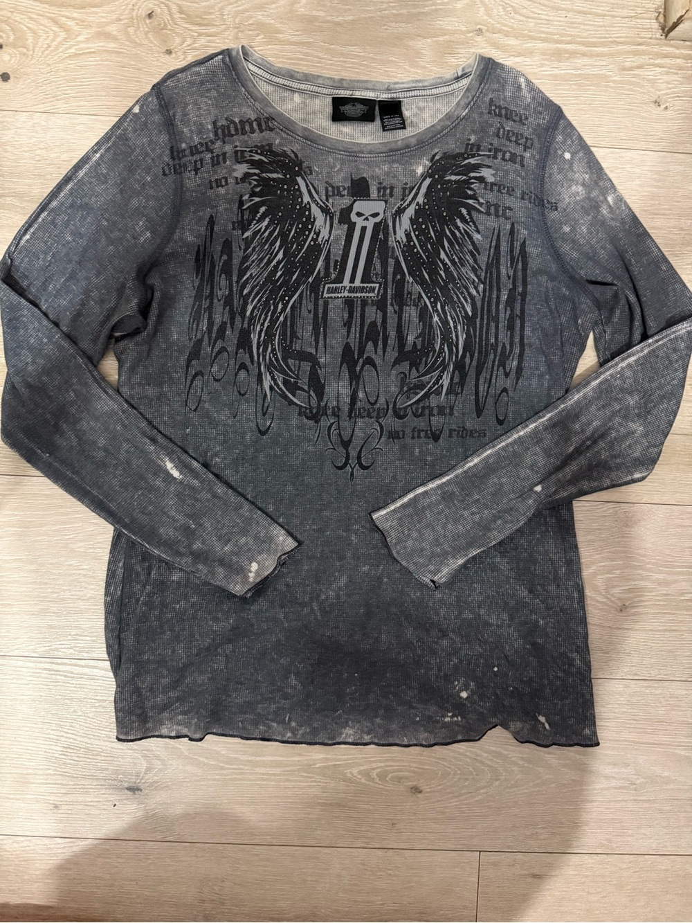 Harley Davidson Dark Grey Born to Die Rhinestone Long Sleeve Thermal Shirt